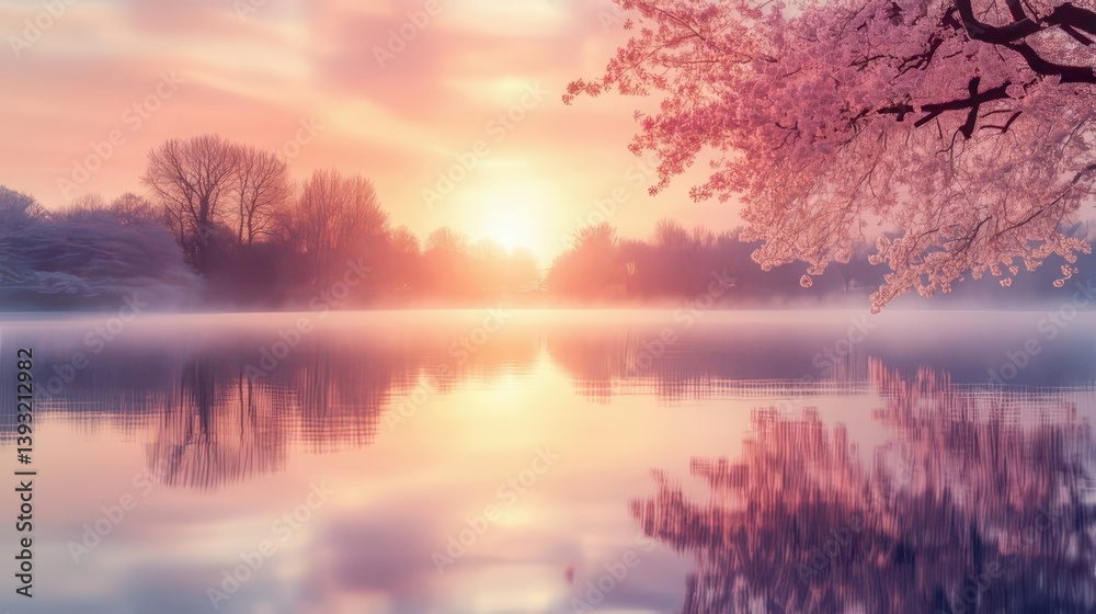 Fototapeta premium Blooming cherry tree branches reflecting on misty lake at sunrise
