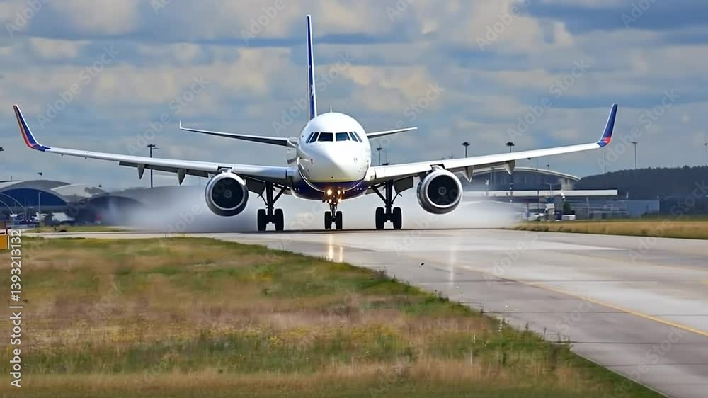Commercial airplane landing on the runway with smoke from the tires Commercial airplane landing on the runway with smoke from the tires