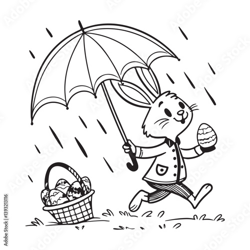 cute rabbit playing outdoor coloring page illustration