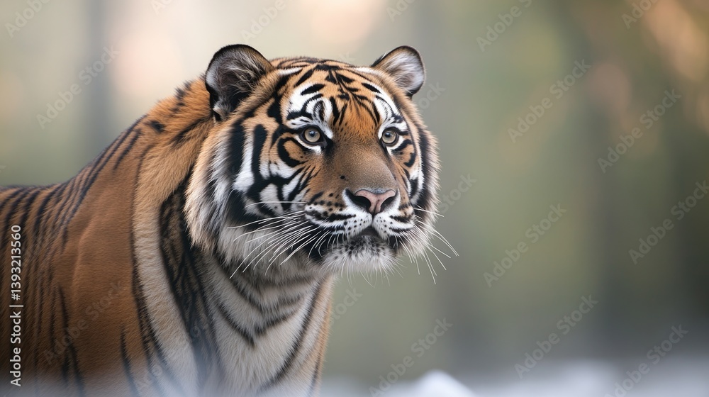 Fototapeta premium siberian tiger glances into distance in snowy forest highlighting its striking patterned fur