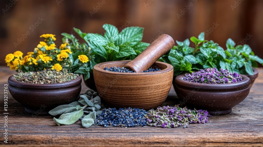 Assorted herbs in small bowls and a mortar Assorted herbs in small bowls and a mortar