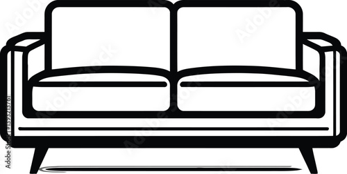  Black and White Vector PNG Illustration of a Sofa with Armrests, Two Cushions, and Four Angled Legs in a Minimalist Style.