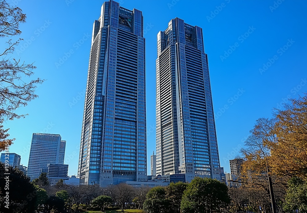 Striking view of towering twin skyscrapers under a luminous blue sky surrounded by urban greenery : Generative AI Striking view of towering twin skyscrapers under a luminous blue sky surrounded by urban greenery : Generative AI