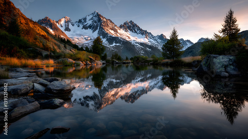 Sunset over the Alps with the snow-covered peaks glowing in warm golden tones, mirrored perfectly in the crystal-clear water of a mountain lake.