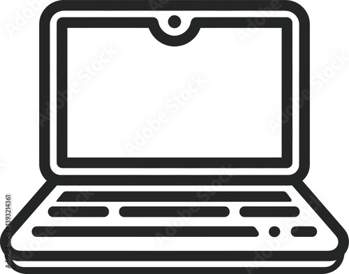 Black and White Vector PNG Illustration of an Open Laptop Displaying a Blank Screen, Featuring a Top-Center Notch, Keyboard, and Touchpad Below.