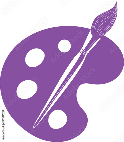  Black and White Vector PNG Illustration of an Artist's Palette with Paint Wells and a Paintbrush Resting on Top, Symbolizing Art and Creativity.