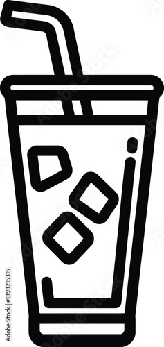 Black and White Vector PNG Illustration of a Tall Glass Containing Ice Cubes, a Straw, and Liquid in a Minimalist Style.