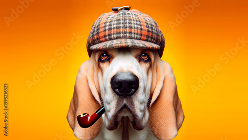 A bloodhound dog, wearing a detective hat and smoking pipe, with a serious face