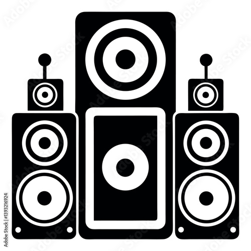 A stylized, black and white vector graphic depicts a complete home theater sound system.