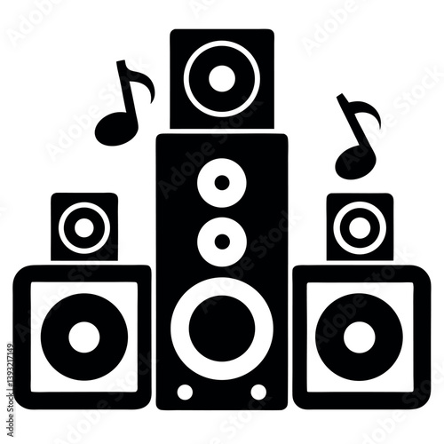A stylized, black and white vector graphic depicts a complete home theater sound system.