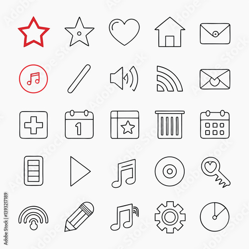 Minimalist line-style icon collection featuring star, heart, house, music note, graph, and other everyday symbols in a monochromatic modern design – perfect for UI, web, and app use