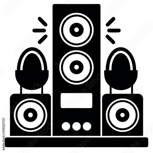 A stylized, black and white vector graphic depicts a complete home theater sound system.