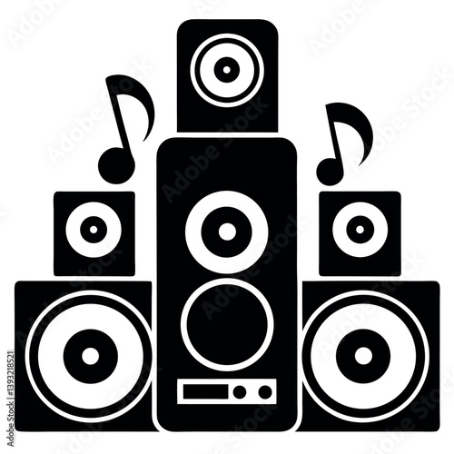 A stylized, black and white vector graphic depicts a complete home theater sound system.
