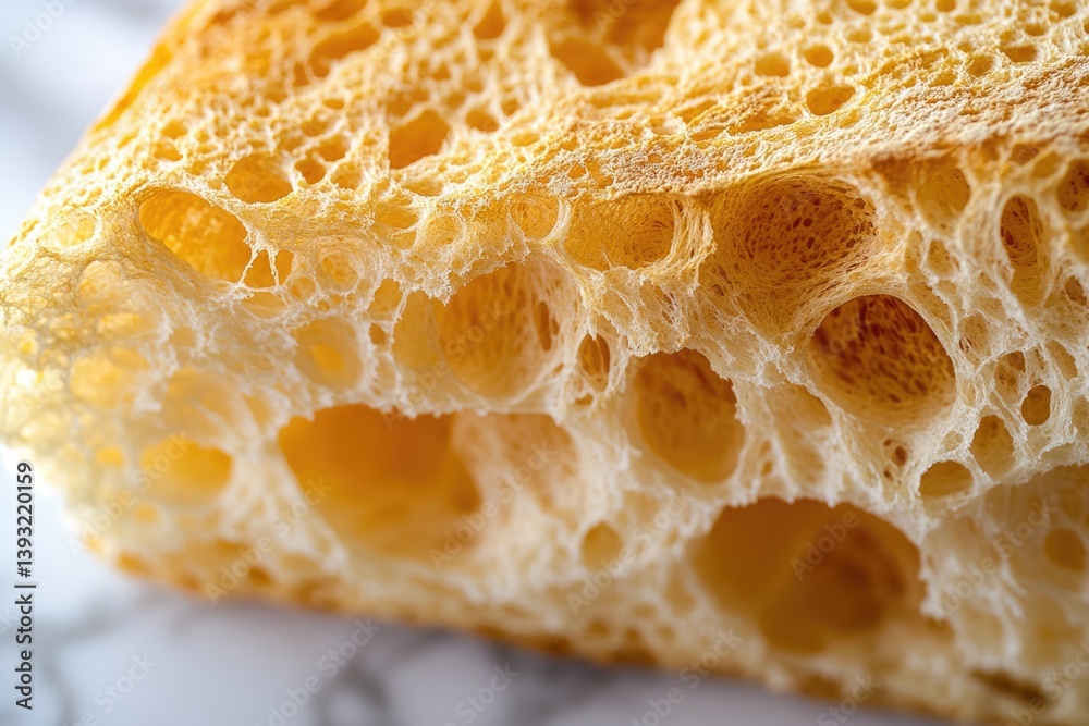 Close-up of a bread's airy, holey texture showcasing its golden-brown crust and soft interior. Close-up of a bread's airy, holey texture showcasing its golden-brown crust and soft interior.