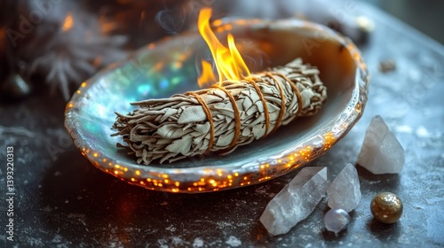 Burning sage smudge stick in iridescent shell dish