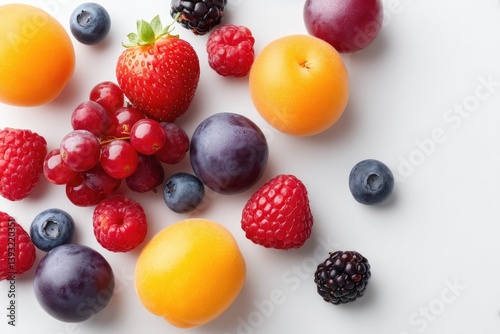 Fototapeta Naklejka Na Ścianę i Meble -  vibrant assortment of fresh fruits and colorful berries scattered randomly on unblemished white background each piece
