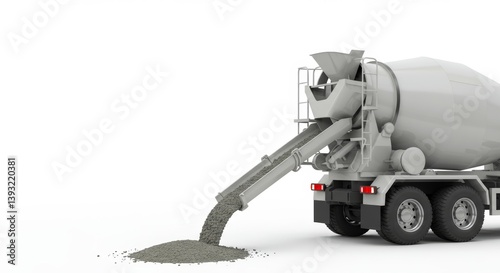 Concrete mixer truck dispensing cement against a plain white backdrop showing clarity