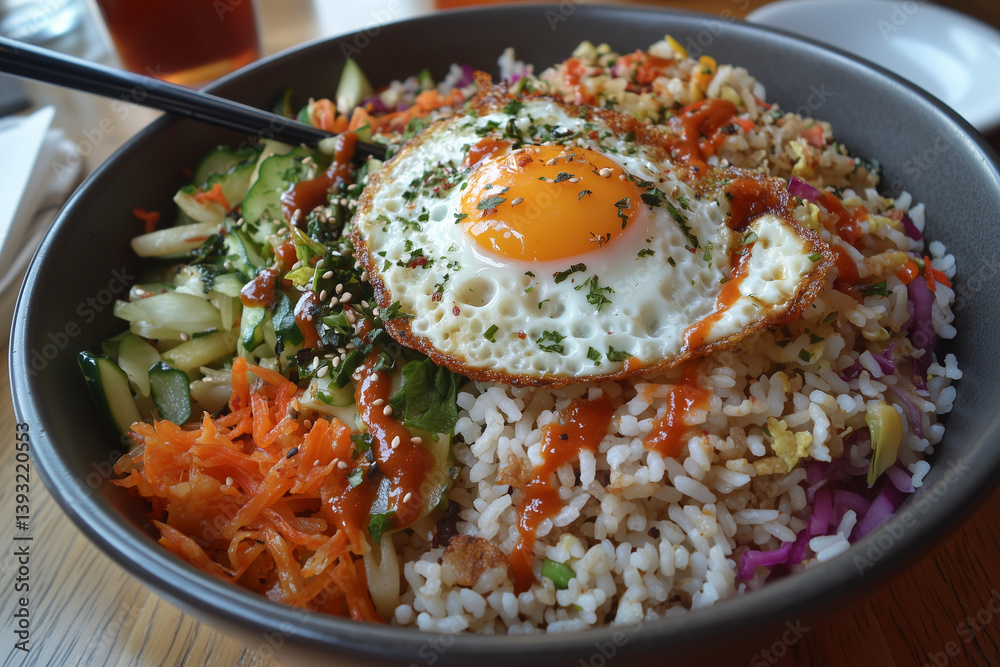 Korean Bibimbap Bowl with Fried Egg and Colorful Vegetables