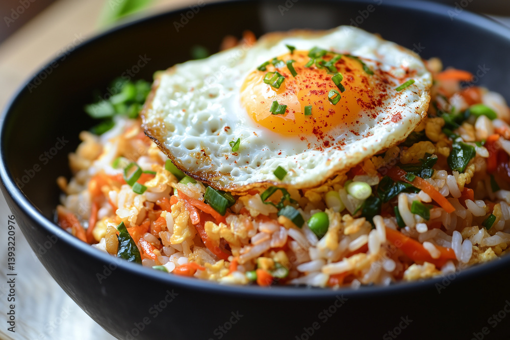 Korean Bibimbap Bowl with Fried Egg and Colorful Vegetables