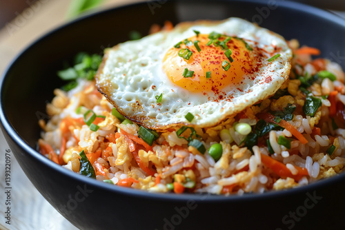 Obraz na płótnie Korean Bibimbap Bowl with Fried Egg and Colorful Vegetables w salonie