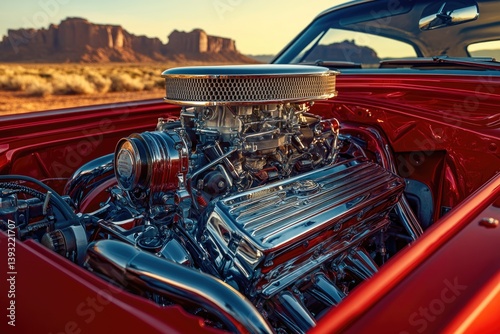 A highly polished classic car engine, gleaming under the desert sun, with a majestic rock formation in the background.
