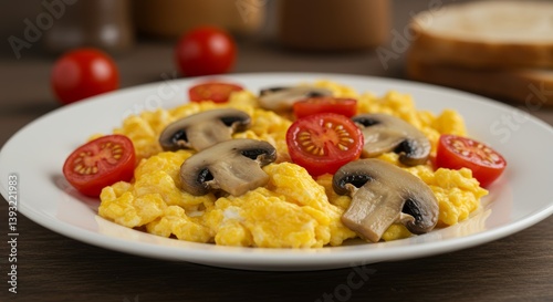 Scrambled eggs topped with sliced mushrooms and cherry tomatoes creating a vibrant breakfast plate on a wooden table