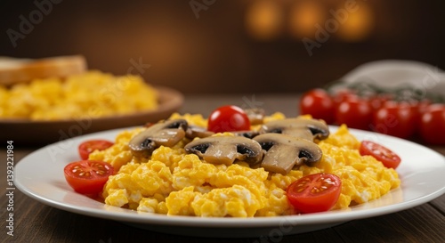 Delicious scrambled eggs topped with mushrooms and cherry tomatoes on a white plate, evoking a warm and inviting atmosphere, with soft lighting in the background enhancing the meal's appeal