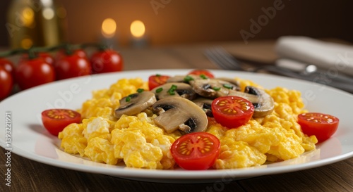 Delicious scrambled eggs topped with fresh mushrooms and cherry tomatoes, exuding a warm and inviting atmosphere, beautifully presented on a rustic wooden table
