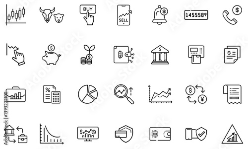 Clean outline icon set for finance, stock trading, investing, Crypto, and banking. Editable stroke style.