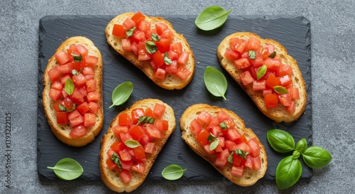 Delicious bruschetta topped with fresh diced tomatoes and basil on rustic bread, evoking a vibrant and appetizing feel, beautifully arranged on a dark slate background.