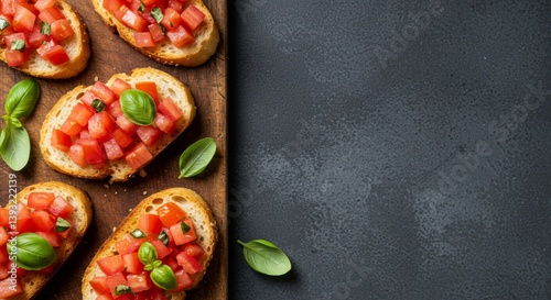 Fresh bruschetta topped with diced tomatoes and basil leaves set on a wooden board, evoking a rustic and appetizing mood, emphasizing a culinary delight for gatherings or meals ready to serve