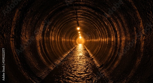 illuminated tunnel with textured walls and a wet surface creating a warm, eerie atmosphere leading towards a bright exit