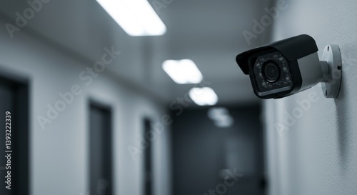 CCTV security camera mounted on a wall in a corridor, conveying a sense of vigilance and safety, overseeing the hallway illuminated by bright lights.