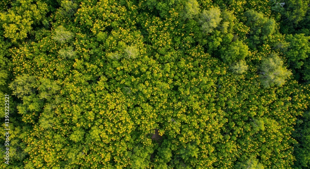 Naklejka premium lush green forest canopy adorned with vibrant yellow flowers conveying a sense of tranquility and harmony showcasing nature's beauty from an aerial perspective