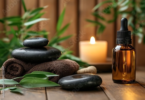 Tranquil arrangement of black stones with essential oil bottles and soft towel in a warm setting : Generative AI