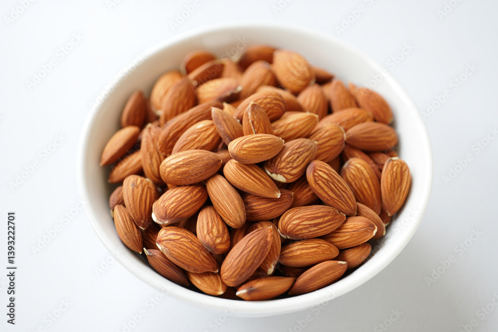 Evenly Arranged Raw Almonds in a Minimal White Bowl on White Surface Evenly Arranged Raw Almonds in a Minimal White Bowl on White Surface