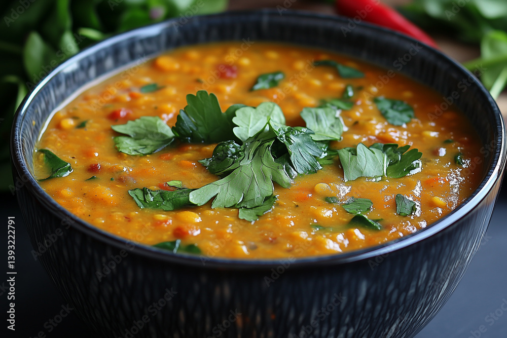 Hearty lentil soup with vegetables and fresh herbs in a rustic bowl