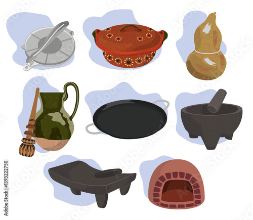 Typical Mexican kitchen utensils, metate, molcajete, tortilla press, grinder, comal, clay pot, chocolate maker, vector illustration