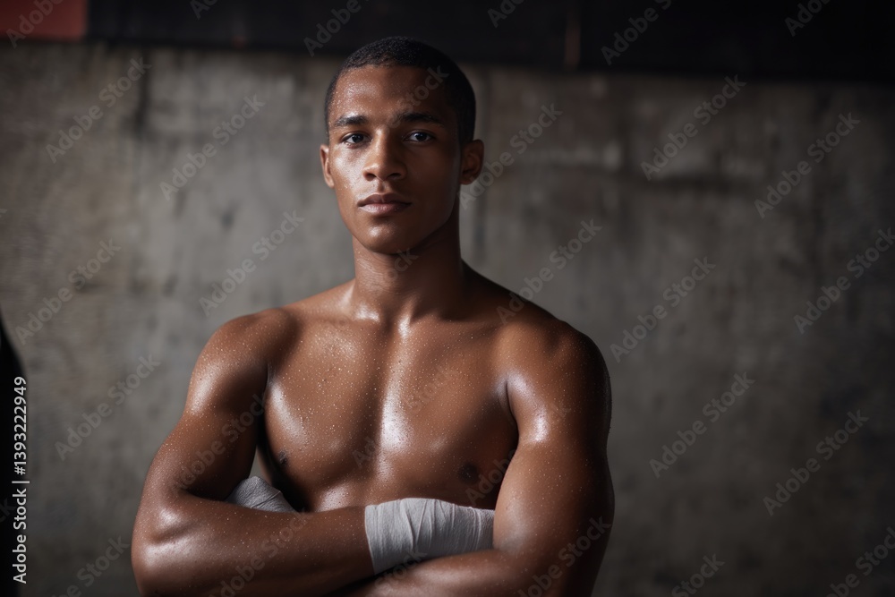 Fototapeta premium young boxer with wrapped hands stands confidently in front of gritty gym backdrop contrast of sweat on skin highlighting
