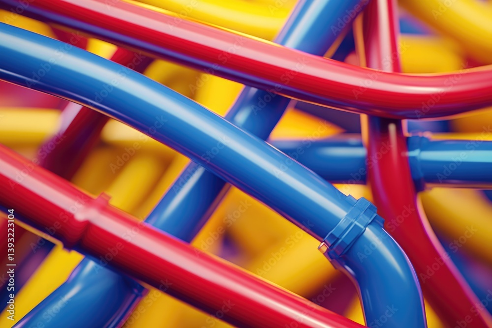 Abstract image of vibrant, intertwined blue, red, and yellow pipes, creating a complex network. Abstract image of vibrant, intertwined blue, red, and yellow pipes, creating a complex network.