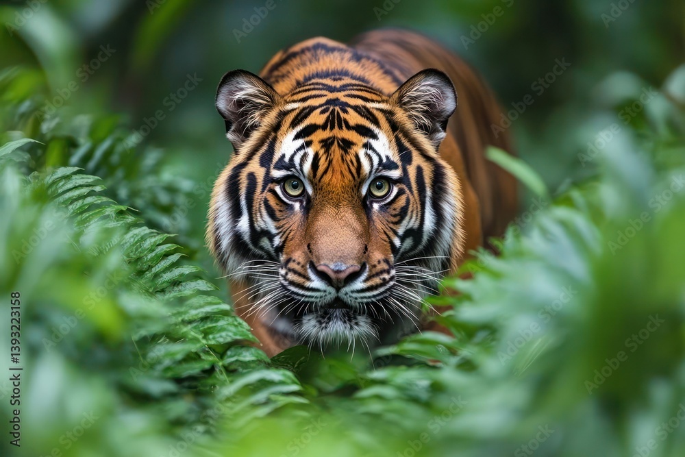 Fototapeta premium Tiger in dense jungle, fierce gaze