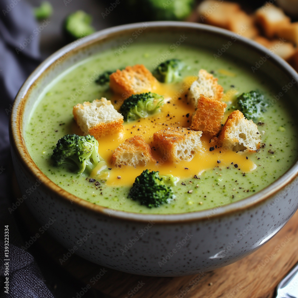 Creamy broccoli soup with croutons and drizzle of cream