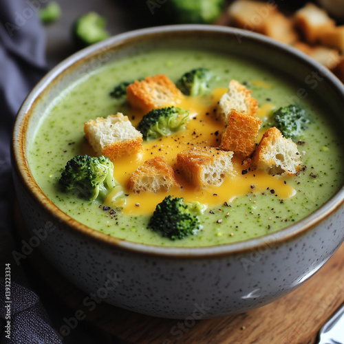 Obraz na płótnie Creamy broccoli soup with croutons and drizzle of cream w salonie