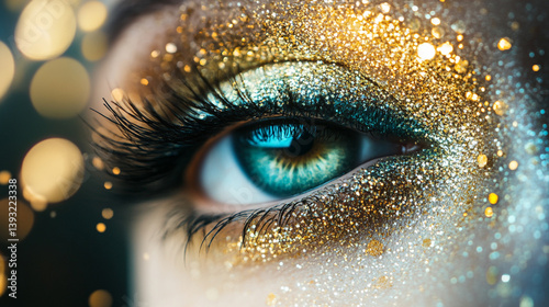 Close up of a woman's eye with gold glitter eyeshadow and long eyelashes with bokeh background