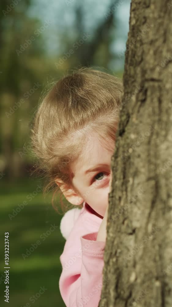 Playful little child hides behind old trunk in spring garden closeup slow motion. Pretty blonde girl has fun peeking out from behind tree. Happy time in sunny park Playful little child hides behind old trunk in spring garden closeup slow motion. Pretty blonde girl has fun peeking out from behind tree. Happy time in sunny park
