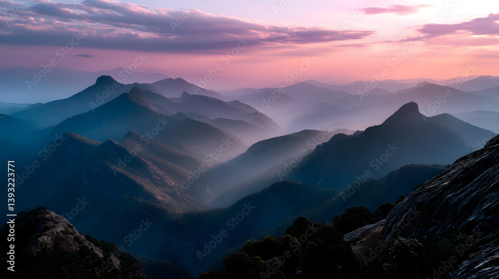 Fototapeta premium The last rays of the sun kiss the mountain peaks, turning them into golden silhouettes against the soft pink sky.