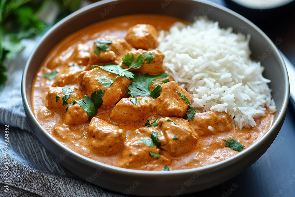 Creamy Chicken Tikka Masala with Basmati Rice in Rustic Bowl