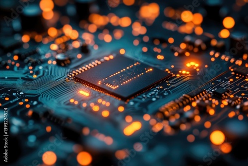 Close-up of a circuit board with a central processor, illuminated with warm orange lights.