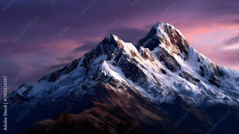 Fototapeta premium The majestic mountain range glows under the golden light of sunset, with pink and purple skies creating a serene and breathtaking atmosphere.