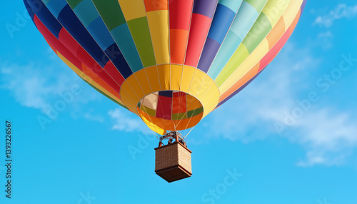 Vibrant hot air balloon soaring through clear blue sky, adventure spirit
